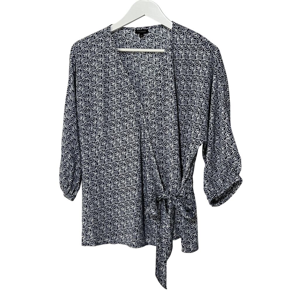 Talbots Navy and White Printed Wrap Blouse